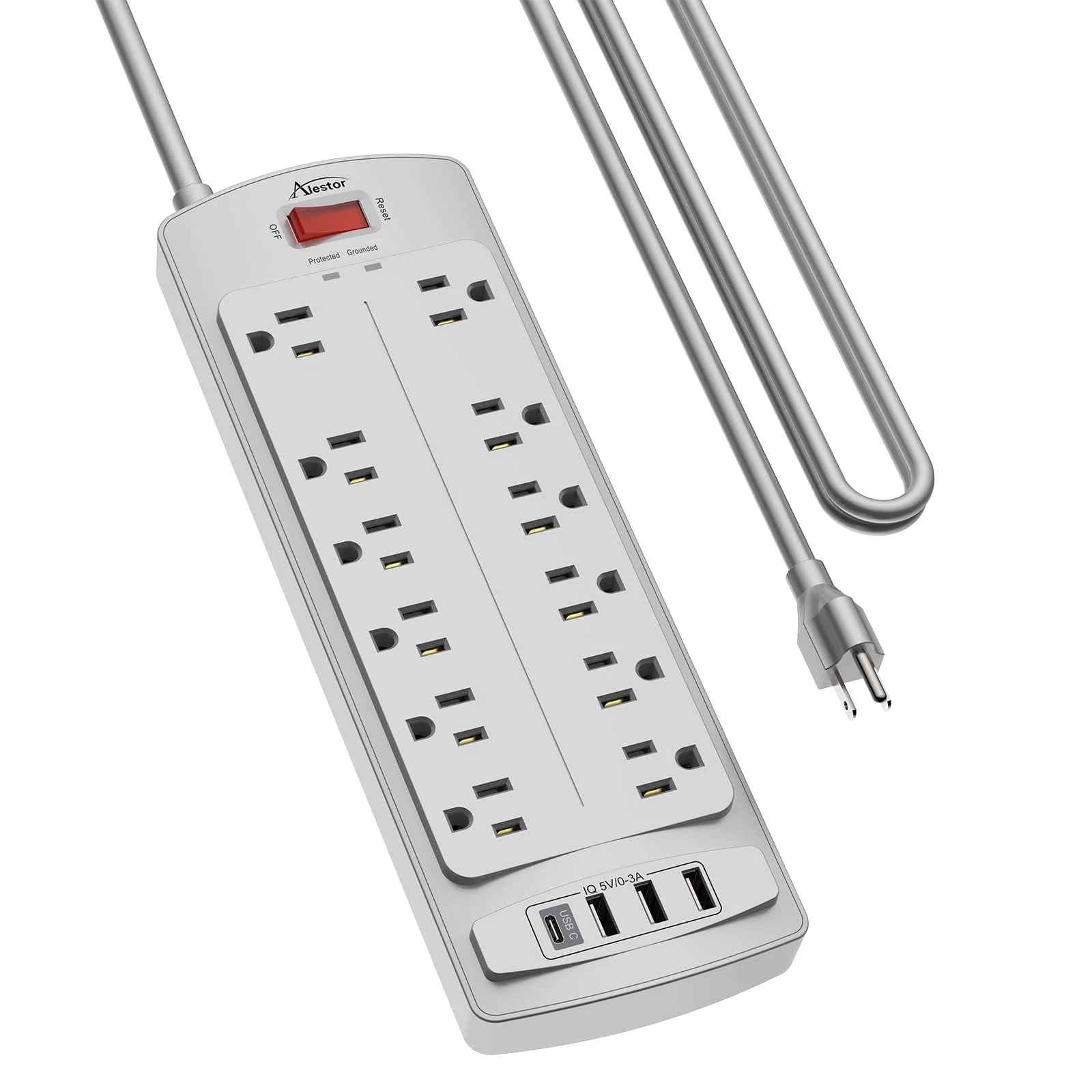 Alestor 10 ft Surge Protector Power Strip, Gray