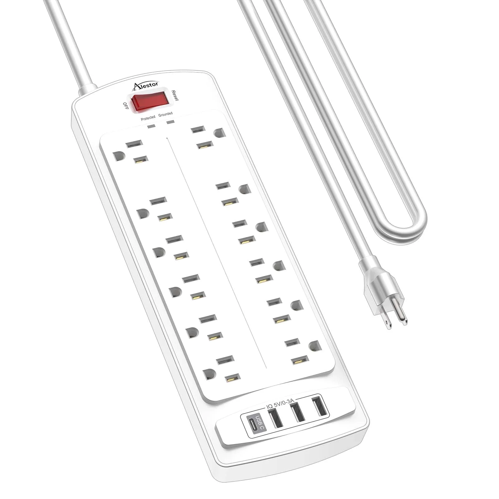 Alestor 10 ft Surge Protector Power Strip, White