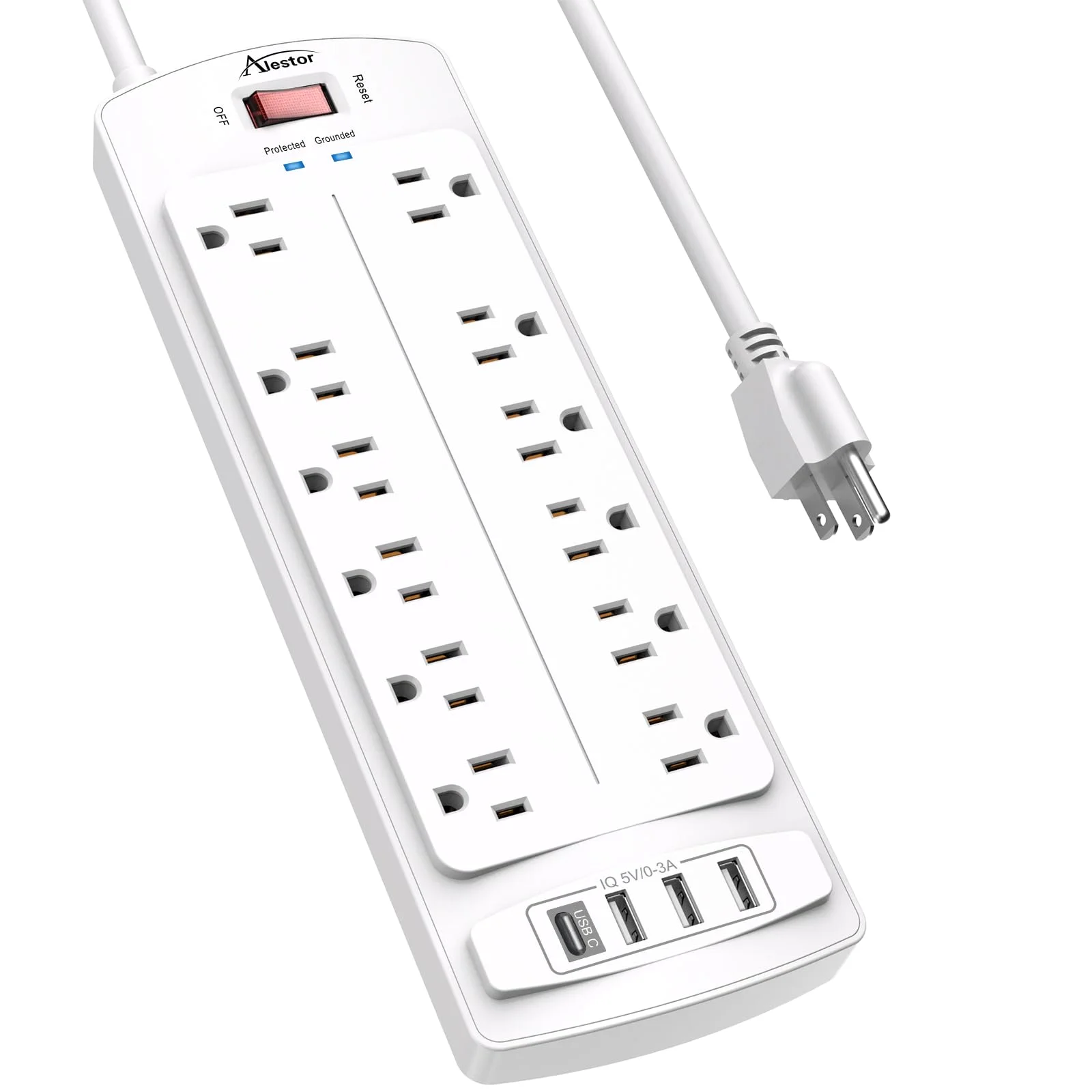 Alestor 6 ft Surge Protector Power Strip, White