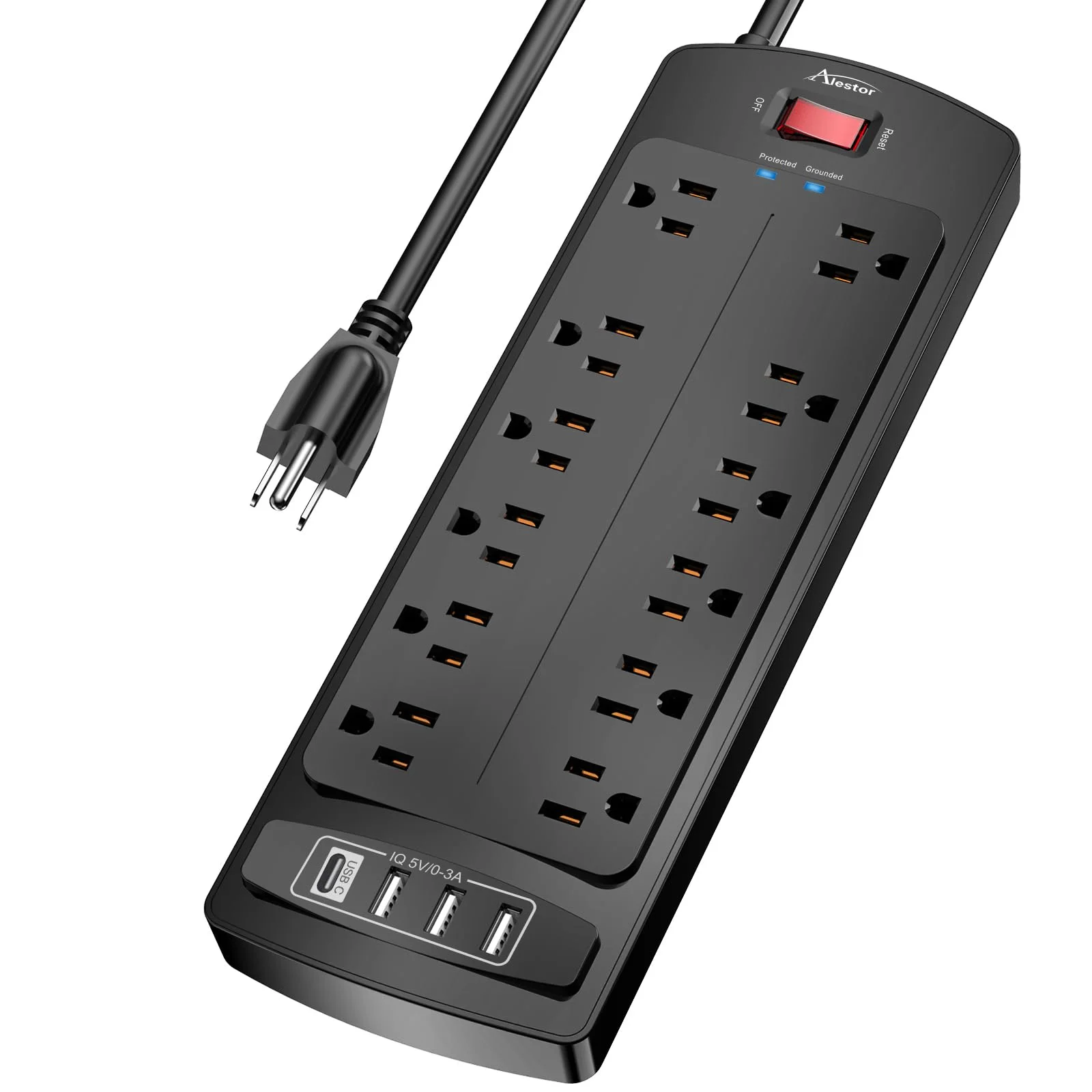 Alestor 10 ft Surge Protector Power Strip, Black