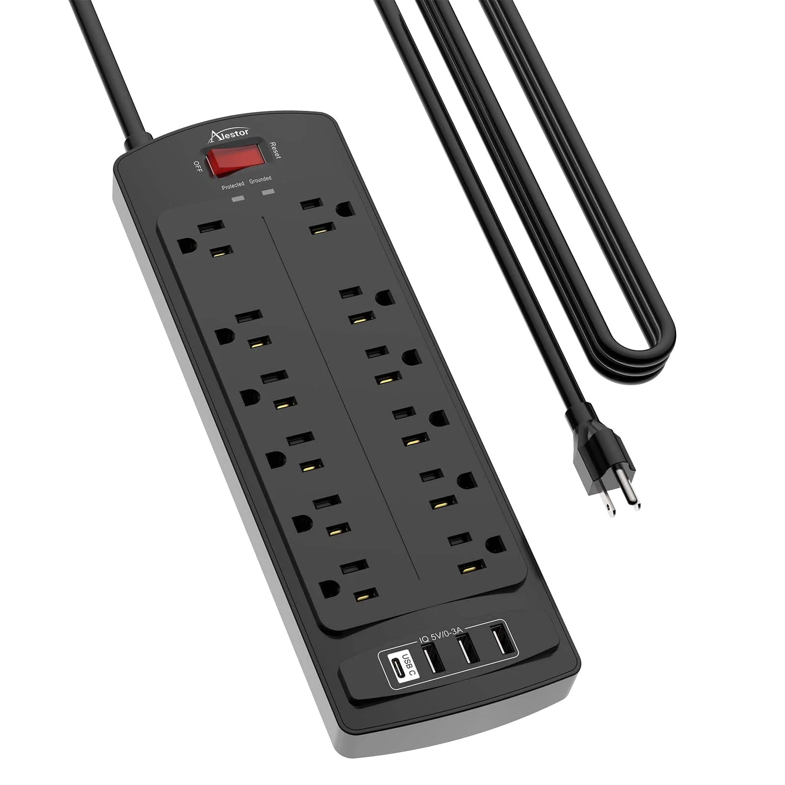 Alestor 15 ft Surge Protector Power Strip, Black