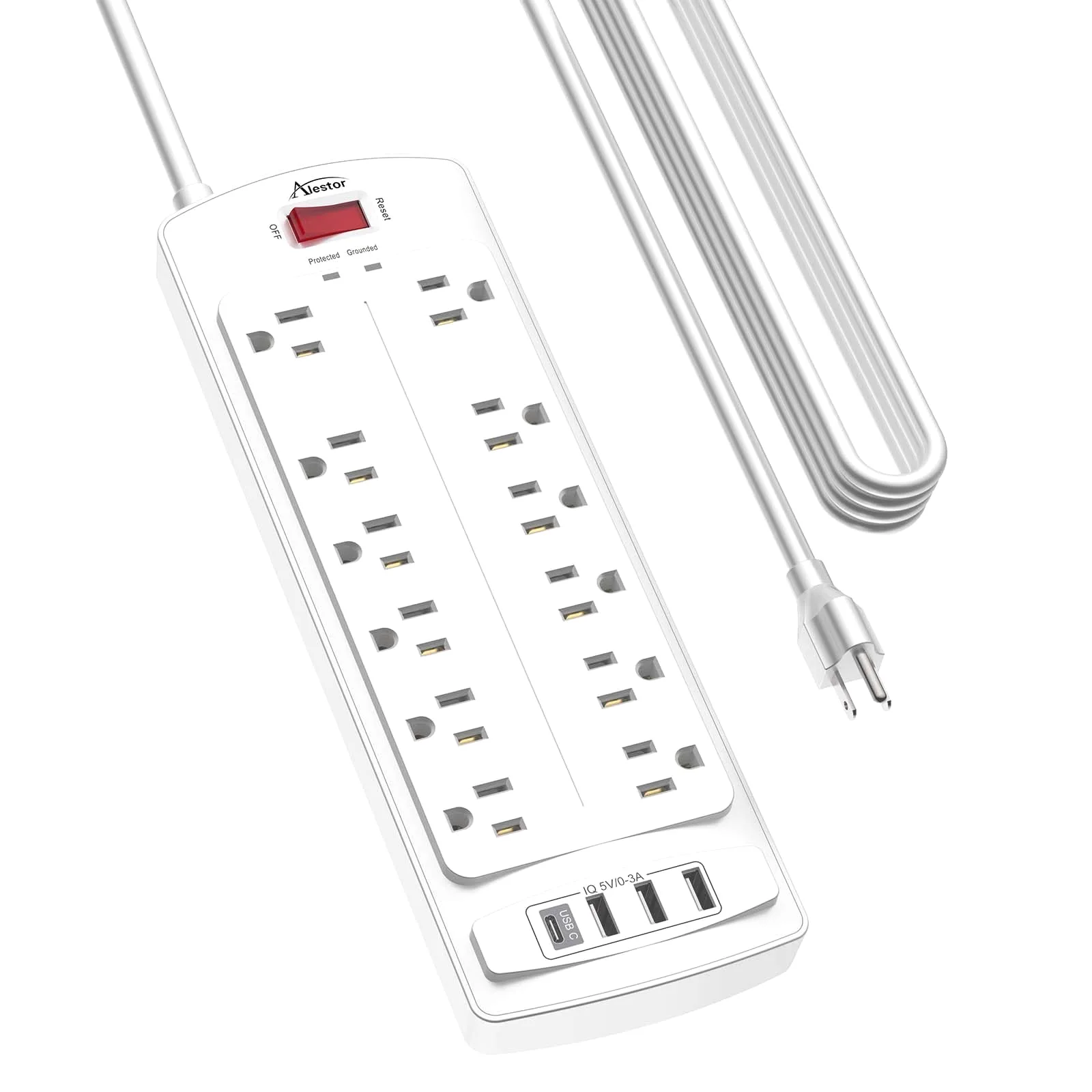 Alestor 20 ft Surge Protector Power Strip, White