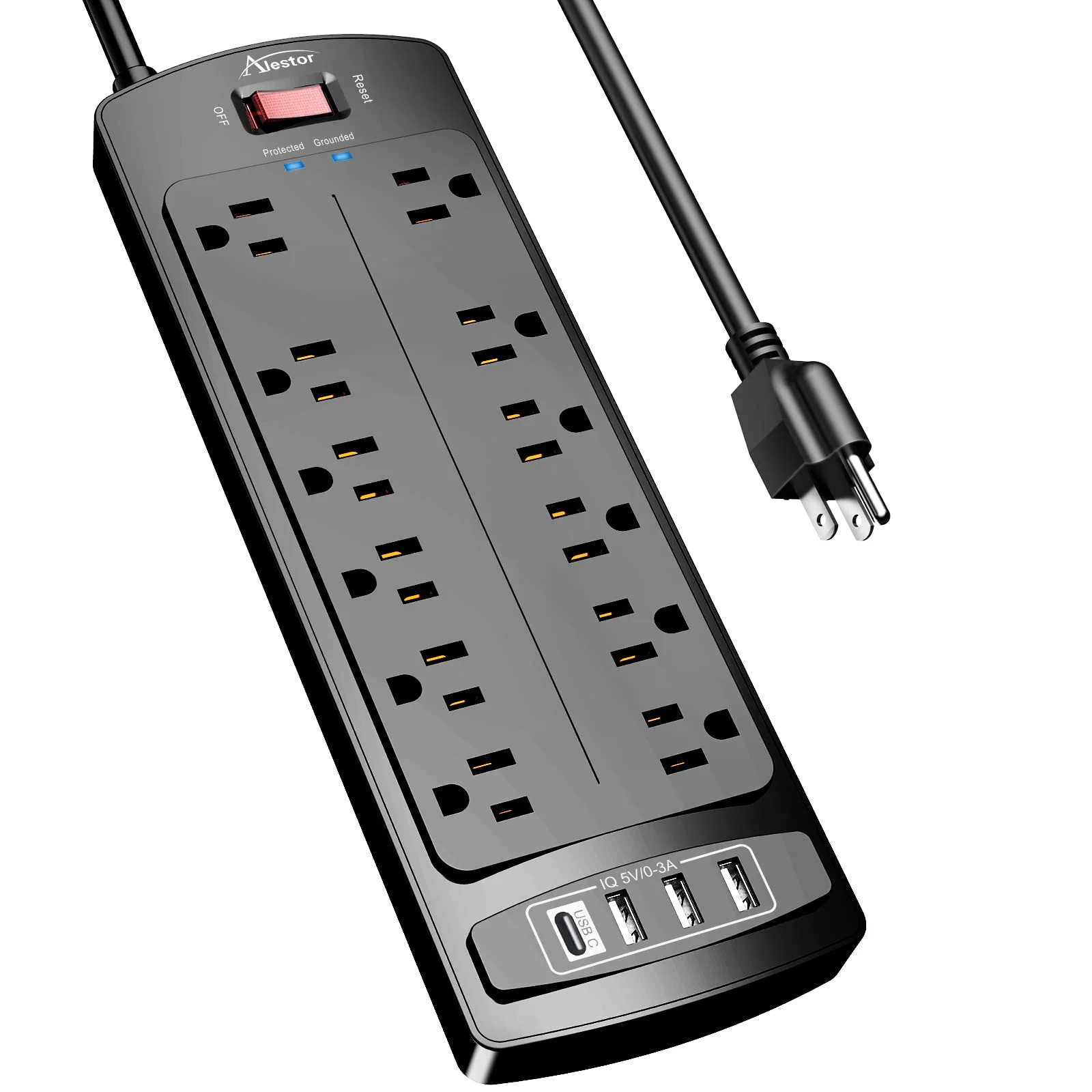 Alestor 6 ft Surge Protector Power Strip, Black