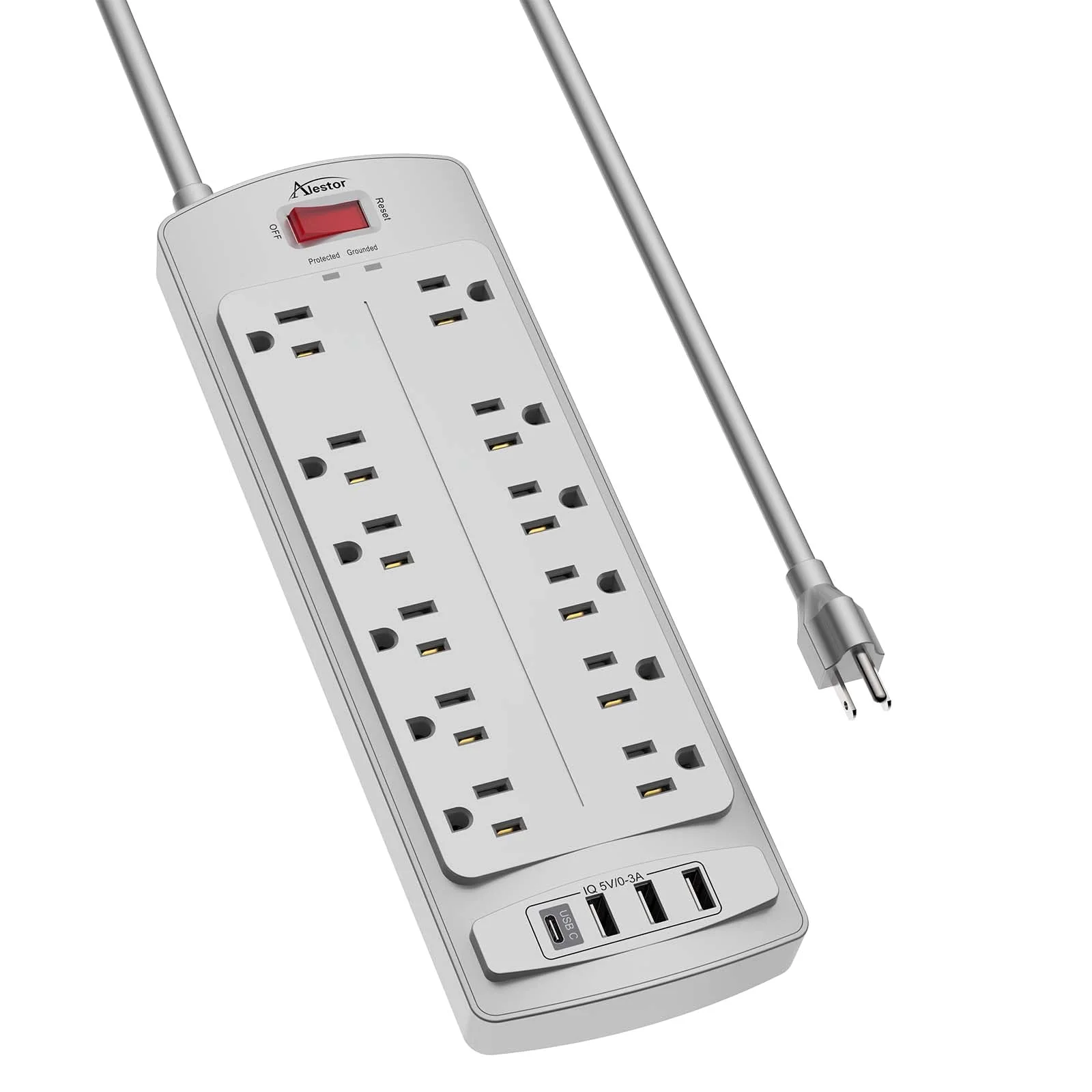 Alestor 6 ft Surge Protector Power Strip, Gray